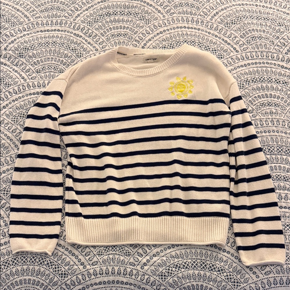 Life Is Good Navy and White Striped Sweater with Yellow Sun Accent